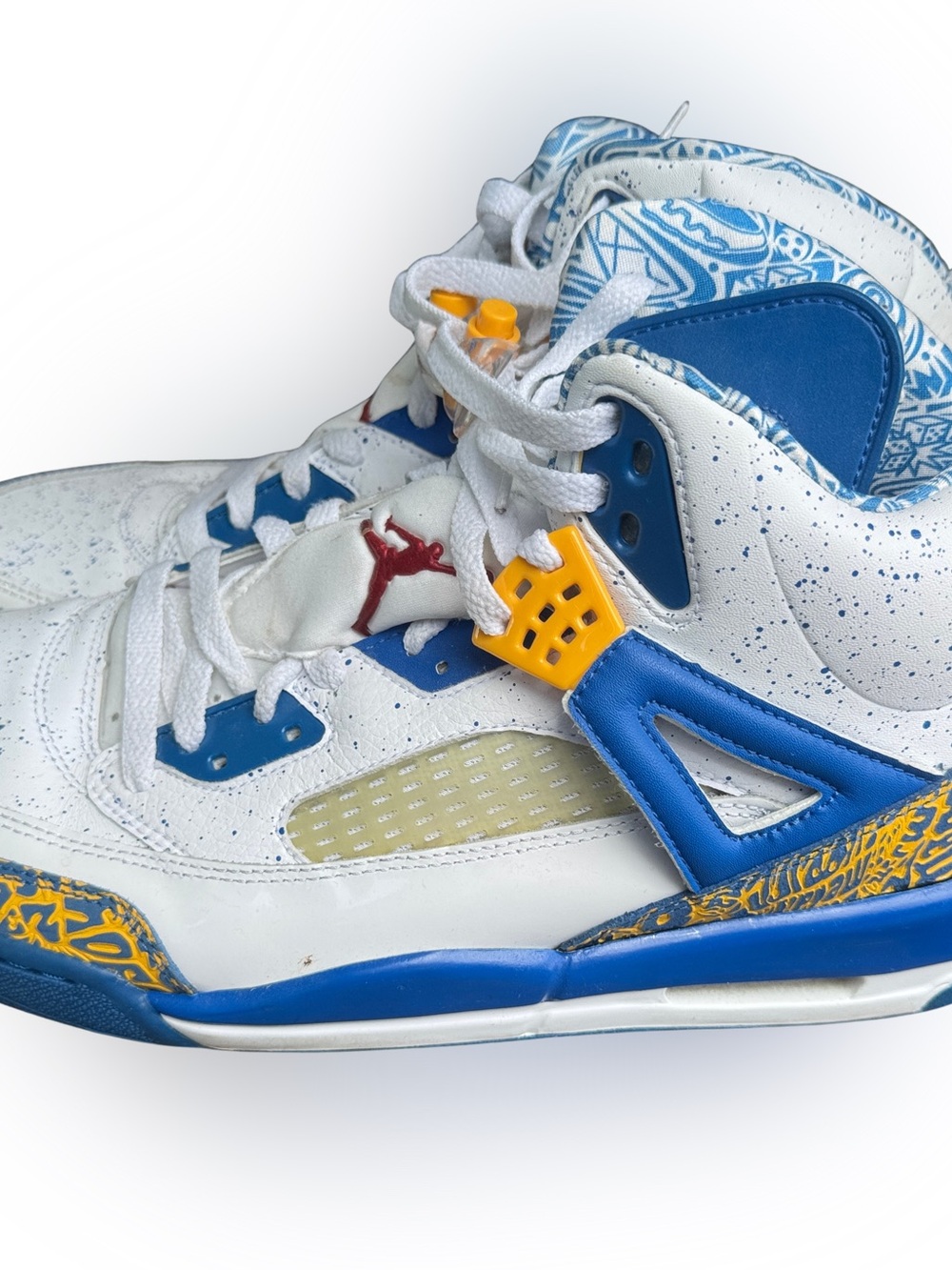 Jordan Spizike Do The Right Thing White Blue Gold High Top Sneaker 315371-162 - Picture 2 of 7
